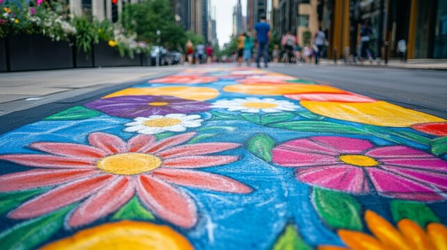 Vivid street art depicting a colorful, floral chalk design on an urban street, merging creativity and public space in a celebration of vibrant community expression.