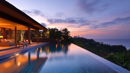 Fototapeta premium A luxurious infinity pool at a stunning villa overlooking a breathtaking sea view during sunset, offering a serene relaxation spot that radiates sophistication and calm.