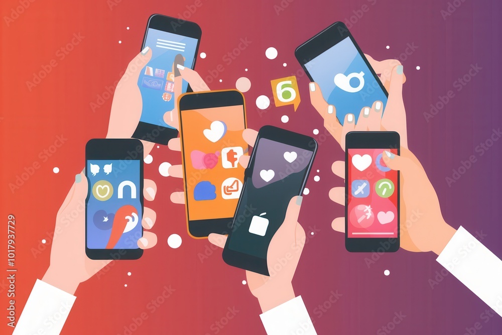 Aufkleber Multiple hands are engaged with smartphones displaying various social media applications in a colorful environment highlighting connectivity. Generative AI