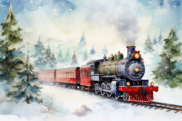 generated illustration of vintage locomotive runs on a railroad in the mountains during a snowfall in winter.