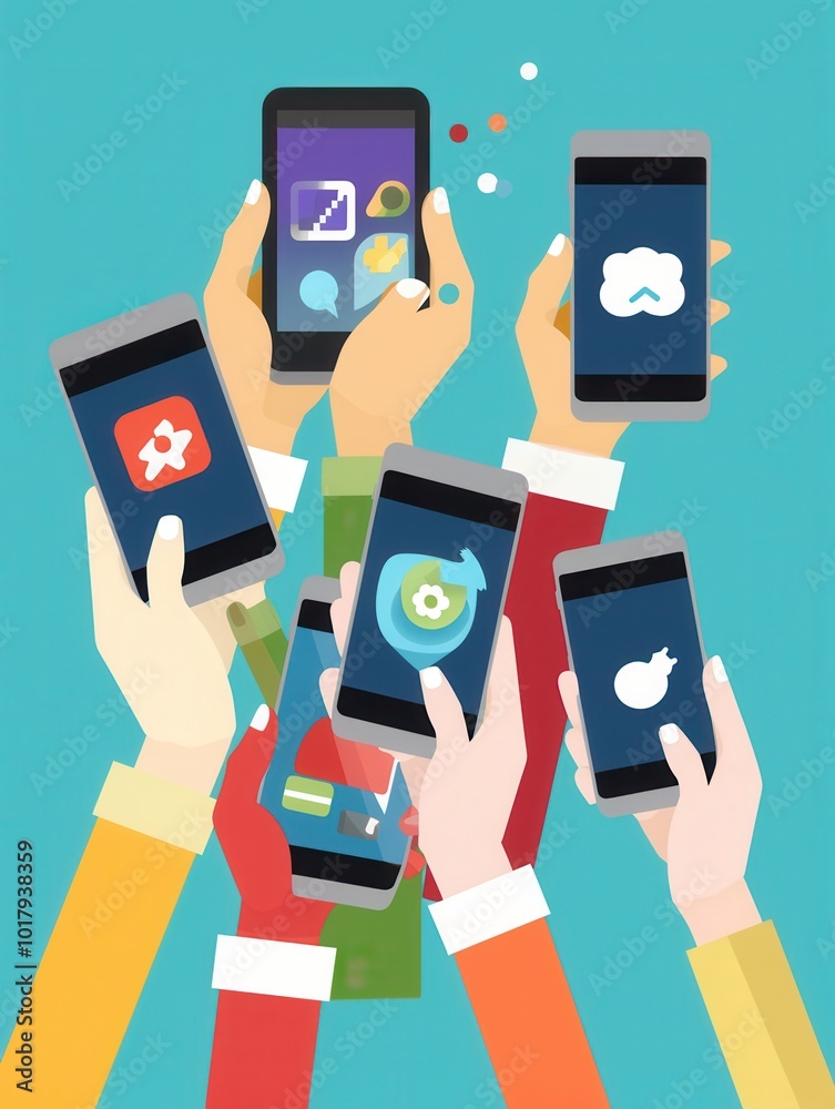 Fototapete Multiple hands are engaged with smartphones that display open social media applications in a lively digital setting. Generative AI