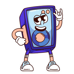 Groovy sound speaker box cartoon character with rock band gesture. Funny retro blue loudspeaker. Loud music, party mascot, cartoon speakers system sticker of 70s 80s style vector illustration