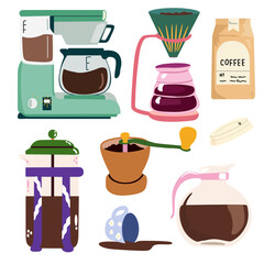 Coffee retro vector icons. Coffee maker, coffee beans in kraft paper, grinder and other appliances for preparing hot drinks. Design elements perfect for cafe menu, coffee shop posters