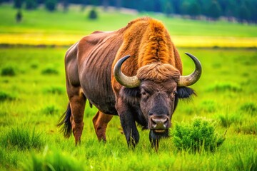 Majestic Buffalo Grazing on Lush Green Grass in a Serene Natural Landscape Under Clear Blue Sky