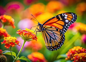 Fototapeta premium Majestic Butterfly Queen Perched Gracefully on Vibrant Flower in a Lush Garden Setting