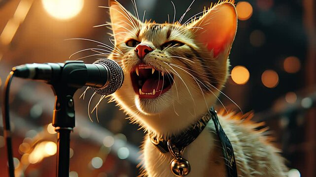 Funny cat singing and holding a microphone. Created with Generative AI