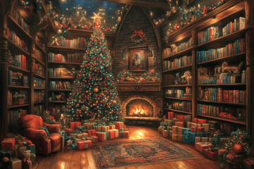 Fototapeta premium A cozy room with a Christmas tree and a fireplace. The room is filled with bookshelves and a chair