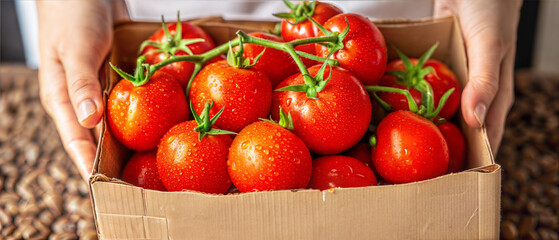 Fresh tomatoes in a cardboard box held by hands, vibrant and healthy.