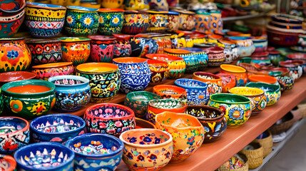 Colorful Ceramic Bowls on Shelf at Market.