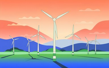 Fototapeta premium Wind turbines on a colorful landscape symbolize renewable energy and sustainability.