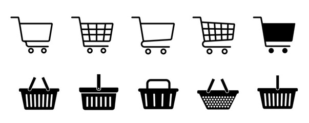 Shopping cart, basket icon set. Shopping basket icon set. Buy on market or supermarket. Shopping basket. Vector illustration