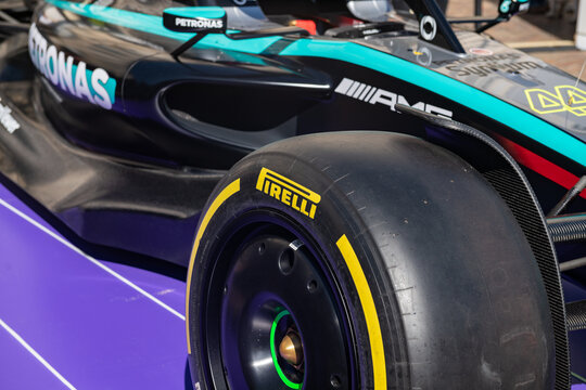 particular car of the formula one of the Mercedes team, AMG PETRONAS, F1, one of the most victorious teams in the history of Formula 1, details of smooth Pirelli tires. turin, italy, 08 october 2024
