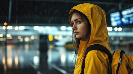  Traveler woman wear yellow raincoat. Tourist travel abroad in free spare time rest getaway Air flight trip concept