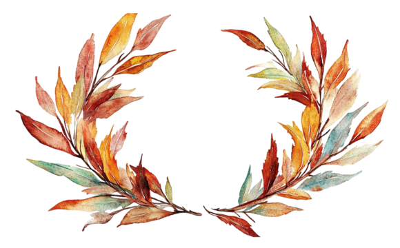 A stunning watercolor clipart of an autumn wreath, set against a transparent background for versatile use