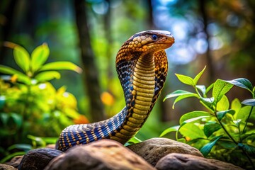 Fototapeta premium Majestic Cobra Displaying Its Hood in a Natural Habitat Amongst Lush Greenery and Rocks