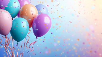A lively and colorful assortment of balloons rising into the sky, adorned with vibrant cascading confetti, depicting an atmosphere of magical celebration and delight.