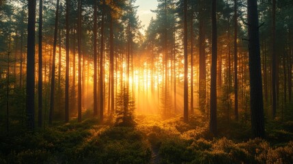 Fototapeta premium Bright sunlight streams through tall trees in a lush forest, casting golden hues and creating a sense of peace and serenity during a beautiful golden hour.