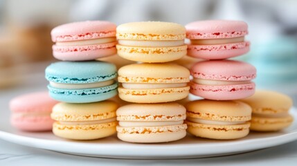 Fototapeta premium A neat stack of colorful macarons arranged on a white plate, showcasing their delicate texture and vibrant hues, perfect for a refined dessert experience.
