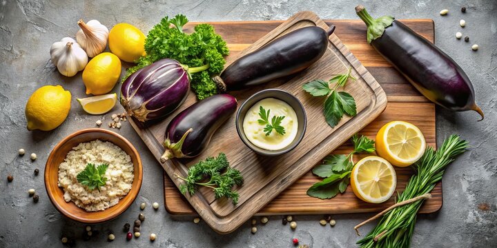 Experience the essence of Jewish eggplant baba ganoush, featuring simple ingredients piled on a wooden board, perfect for sharing with pita and fresh