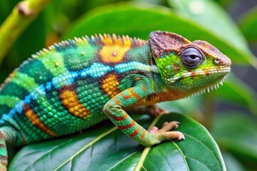 Fototapeta premium Show a chameleon changing colors on a vibrant green leaf, with intricate details of its skin texture. 