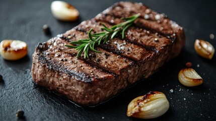A mouthwatering, perfectly grilled steak seasoned with aromatic herbs and paired with caramelized onions, creating a classic and satisfying dining experience.