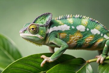 Show a chameleon changing colors on a vibrant green leaf, with intricate details of its skin texture.
