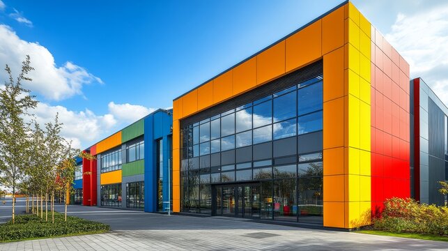 A contemporary architectural marvel with a bold facade composed of primary colors, showcasing innovative design against a backdrop of clear blue sky and lush greenery.