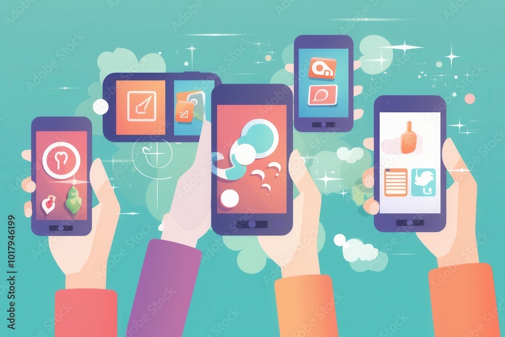 Poster several hands are shown holding smartphones, each featuring different social media applications and 