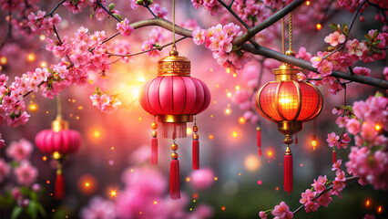 Obraz premium Chinese 2025 new year celebration in Asia. Pink, red, golden background lantern on Japanese Sakura tree for Lunar new year 2025 party. Background with glitter and bokeh lights. Cherry tree blossom.