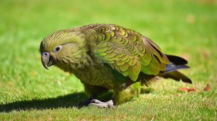 Obraz premium Kakapo parrot walking curiously on grassy ground with alert expression