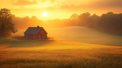 A peaceful countryside landscape during sunrise, featuring a solitary house on a vast field, with golden hues and lush greenery, invoking calmness and simplicity.