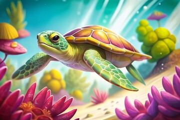 Capture a close-up of a sea turtle gliding gracefully through crystal-clear water, surrounded by colorful coral reefs.
