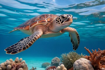 Fototapeta premium Capture a close-up of a sea turtle gliding gracefully through crystal-clear water, surrounded by colorful coral reefs. 