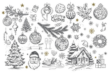 Christmas cookie, tree, ball, star, set on white, Hand drawn illustration	
