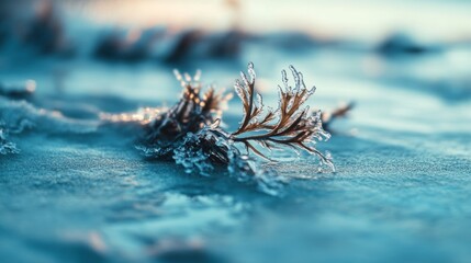 Frosty piece of seaweed frozen into the icy beach sand, winter concept
