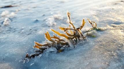 Frosty piece of seaweed frozen into the icy beach sand, winter concept