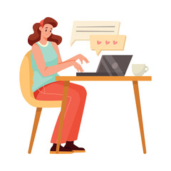 Online Communication with Woman Character Sit at Laptop Chatting Vector Illustration