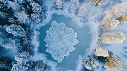 Frozen lake surrounded by snow-laden trees, viewed from above, ice cracked in patterns