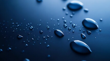 Close up of water droplets on a dark blue surface.