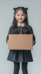 Chinese little girl with a smile clutching a cardboard package, isolated on a white background. Order Delivery. Moving in concept. New home or relocation, investment