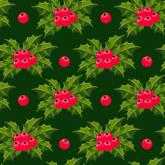 Seamless pattern Christmas holly on background. Festive plant with red berries. Vector isolated element