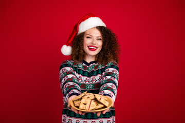 Photo of pretty young woman give offer you cookie plate wear christmas festive sweater isolated on red color background