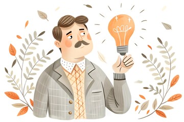 Excited man with mustache holding glowing lightbulb idea surrounded by leaves