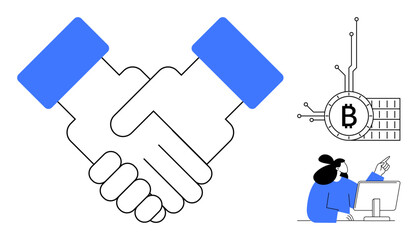 Large handshake in blue and white, a Bitcoin symbol connected to a circuit, and a person pointing at a computer screen. Ideal for cryptocurrency, collaboration, technology, blockchain, and digital