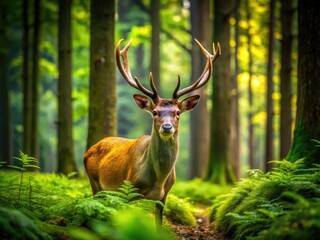 Fototapeta premium Majestic Deer in Natural Habitat, Graceful Creatures Roaming Through Lush Green Forest Landscape