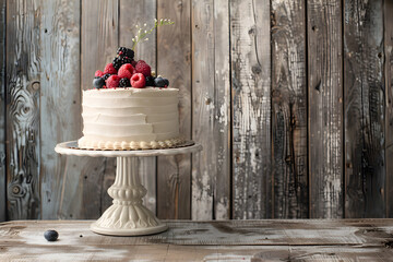 beautiful and delicious cake with cherry,berry and strawberry in a wood background : stock image