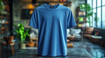 Fototapeta premium A blue t-shirt displayed in a stylish indoor setting.