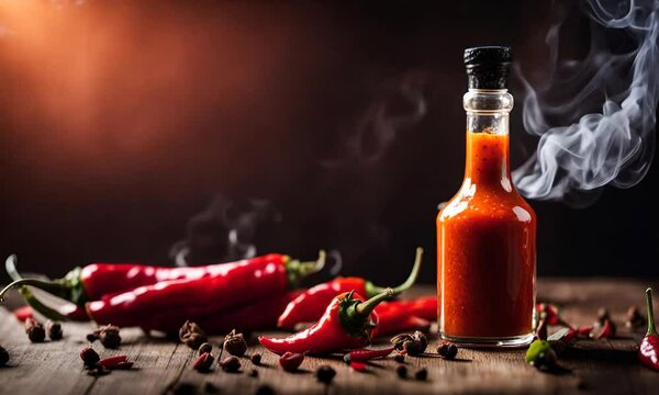 Hot sauce in a bottle surrounded by red chilies and smoke on a wooden table