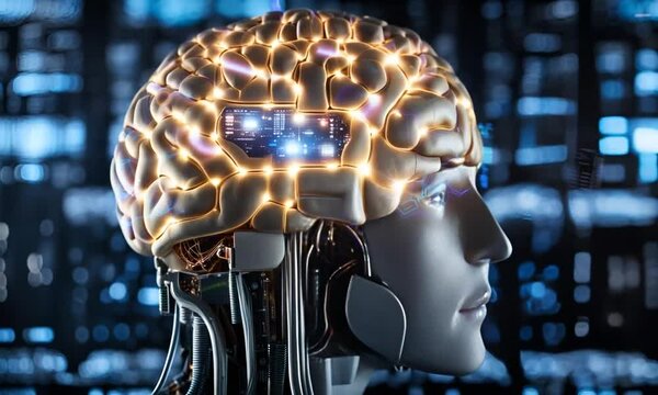 Big data and artificial intelligence concept with human brain shining from processor