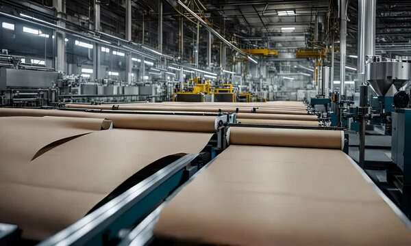 Paper production line in modern factory from transformation of raw materials into paper products